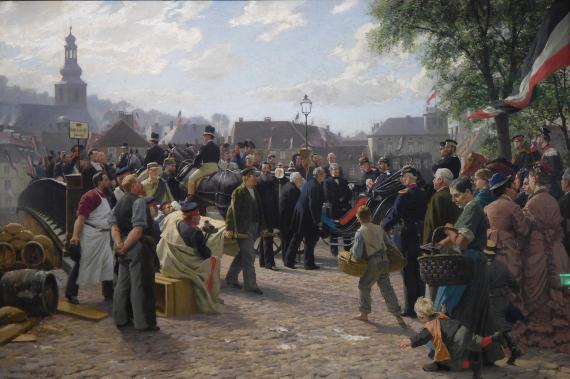 Anton von Werner, Farbskizze zum Saarbrücker Rathauszyklus „Ankunft König Wilhelms I. in Saarbrücken am 9. August 1870“, Saarbrücken und St. Johann waren zu Beginn des Deutsch-Französischen Krieges von den Franzosen besetzt worden. Drei Tage nach der Erstürmung der Spicherer Höhen durch die Truppen des Norddeutschen Bundes in der Schlacht bei Spichern zog der preußische König Wilhelm I. siegreich über die Alte Brücke in Saarbrücken ein. Damit war die unmittelbare Kriegsgefahr für Dillingen und die übrigen Saarorte gebannt (Deutsches Historisches Museum, Zeughaus, Berlin)