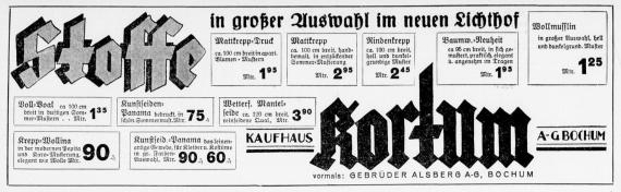 Anzeige des Kaufhauses Kortum, vormals Gebrüder Alsberg, 1933