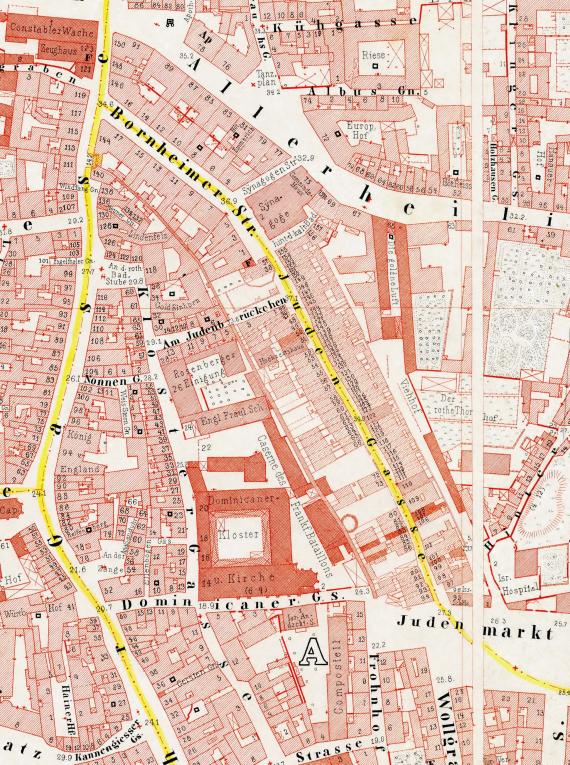 Ravensteinplan (1861). Das nördliche Drittel der alten Judengasse ist durch die breitere Bornheimer Straße ersetzt worden. Weiter südlich ist genau zu sehen, welche Häuser in der Judengasse abgerissen wurden.