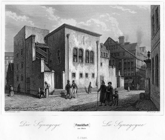 Die nach dem Großen Judenbrand neu erbaute Synagoge von 1711. Stahlstich von Wilhelm Lang (1845) nach Vorlage von Jakob Fürchtegott Dielmann.