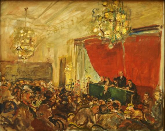 Max Slevogt, Hugo Helbing versteigert die Sammlung Huldschinsky in Berlin, 1928, Öl auf Leinwand, 51,5 × 62,5 cm, Landesmuseum Hannover, Dauerleihgabe der Stadtsparkasse Hannover