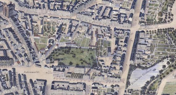 Location of the free-standing Philanthropin building built in 1840 (designated in the plan as Israel. Real-Schule) in Recheneigraben-Straße south of the Jewish cemetery, near Judenmarkt, Judengasse and the main synagogue