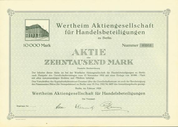 Aktie über 10000 Mark der Wertheim AG vom Februar 1923 mit Vignette des Wertheim-Kaufhauses an der Leipziger Straße in Berlin
