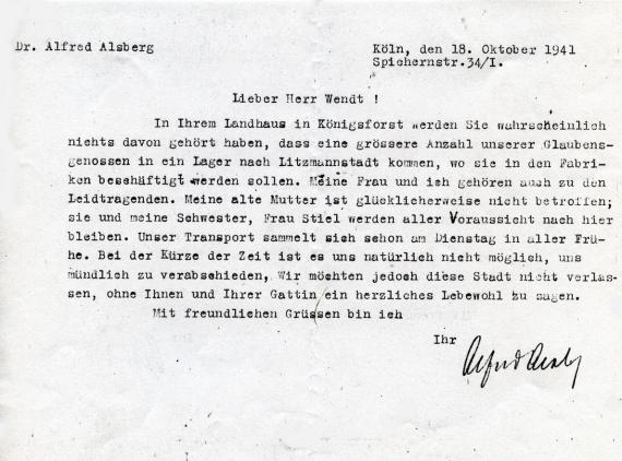 Brief von Alfred Alsberg wegen Deportation nach Ghetto Litzmannstadt, 1941