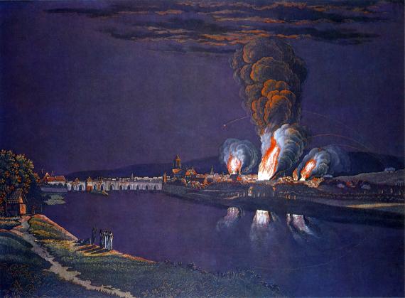 Die Beschießung der Judengasse am 13./14. Juli 1796. Kolorierte Aquatinta von Christian Georg Schütz d. J. und Regina C. Carey.