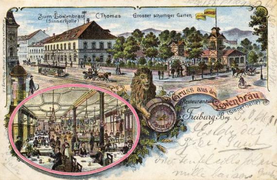 Restaurant Löwenbräu mit Gartenwirtschaft und Saalbau am Eingang der Werderstraße (um 1900)