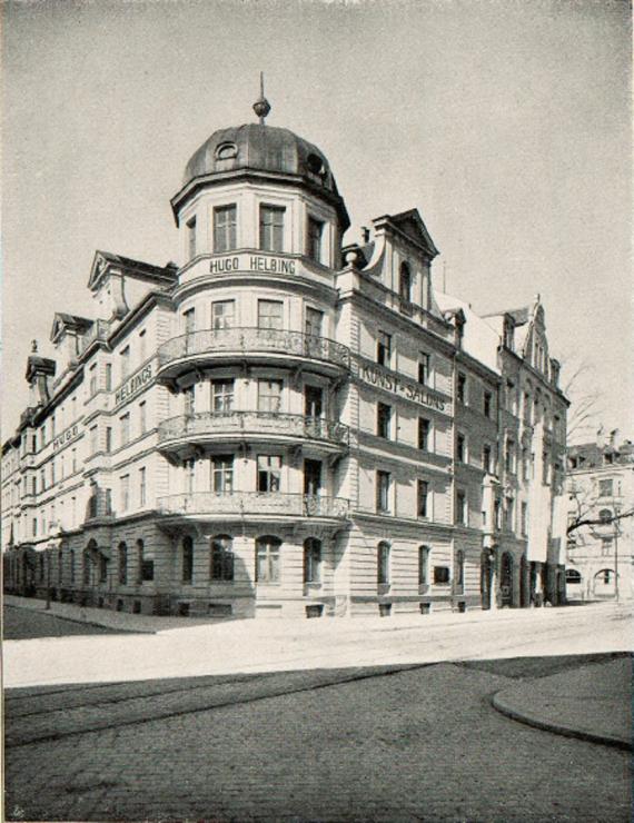 Im Vordergrund die Liebigstraße 21, in der Straßenflucht auf der rechten Seite der Erweiterungsbau Wagmüllerstraße 15, 100. Jubiläumsauktion am 28. April 1902