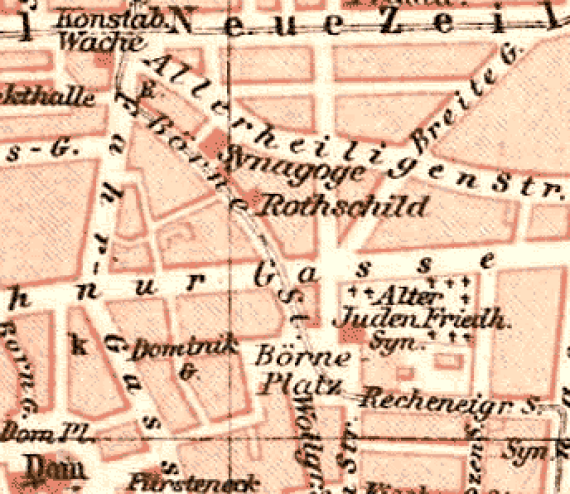 Lage der Börneplatzsynagoge: roter Quader mit der Bezeichnung Syn. zwischen Börne Platz und Alter Juden Friedh. (Stadtplan von 1893)