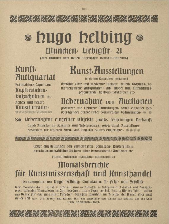 Reklame der Galerie Hugo Helbing in dem von Helbing herausgegebenen „Monatsbericht über Kunstwissenschaft und Kunsthandel“ 1 (1900/01). Veranschaulicht die Varietät der Zuständigkeitsbereiche und Angebote von Hugo Helbing als Kunsthändler und Publizist
